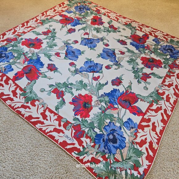 Liberty Silk Scarf Floral Design Hand-Rolled Red, Blue, Green - Picture 14 of 15